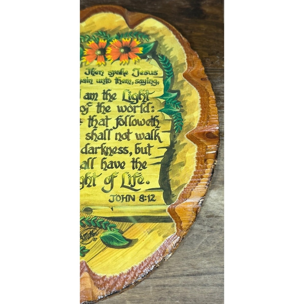 Vintage John 8:12 Wood Slice Wall Plaque Prayer Floral Rustic Cabin Decor - Picture 2 of 6